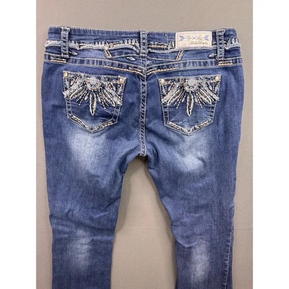 Grace in LA Bootcut Jeans Womens Blue Embroidered Sequin Feather Distressed 31 - Picture 2 of 10